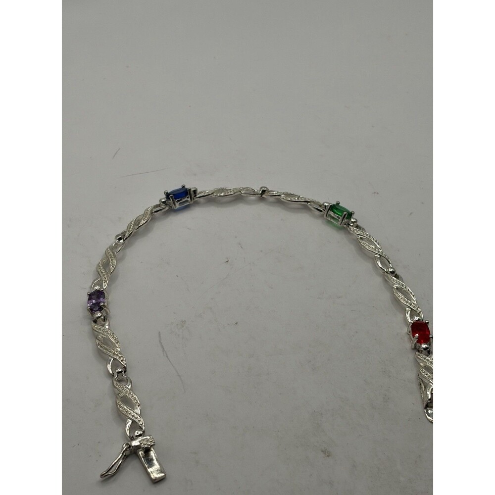 Sterling Silver Multi-5. Colored Gemstone Link tennis Bracelet 925 7"